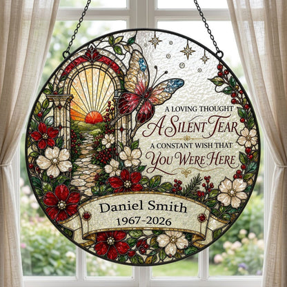 Personalized Butterfly Sunrise Pathway A Silent Tear Memorial Stained Glass Round Suncatcher