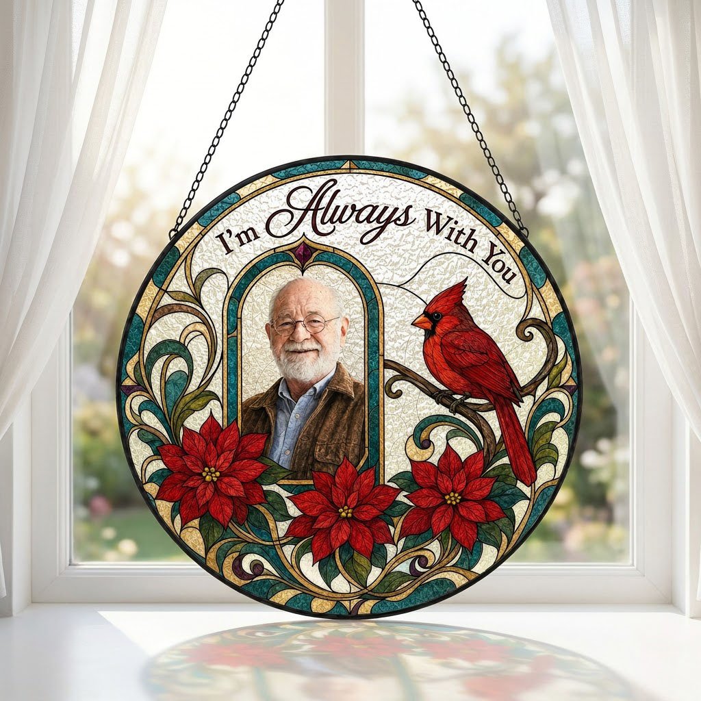Round stained-glass style suncatcher with arched photo window, red cardinal, three red poinsettias and the words I'm Alw