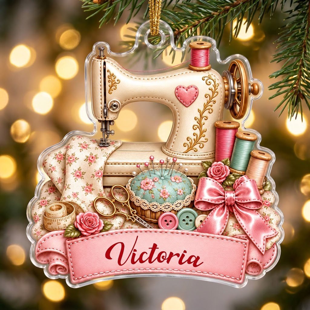 Custom-cut acrylic ornament with vintage cream sewing machine, pink banner, roses, thread spools and scissors.
