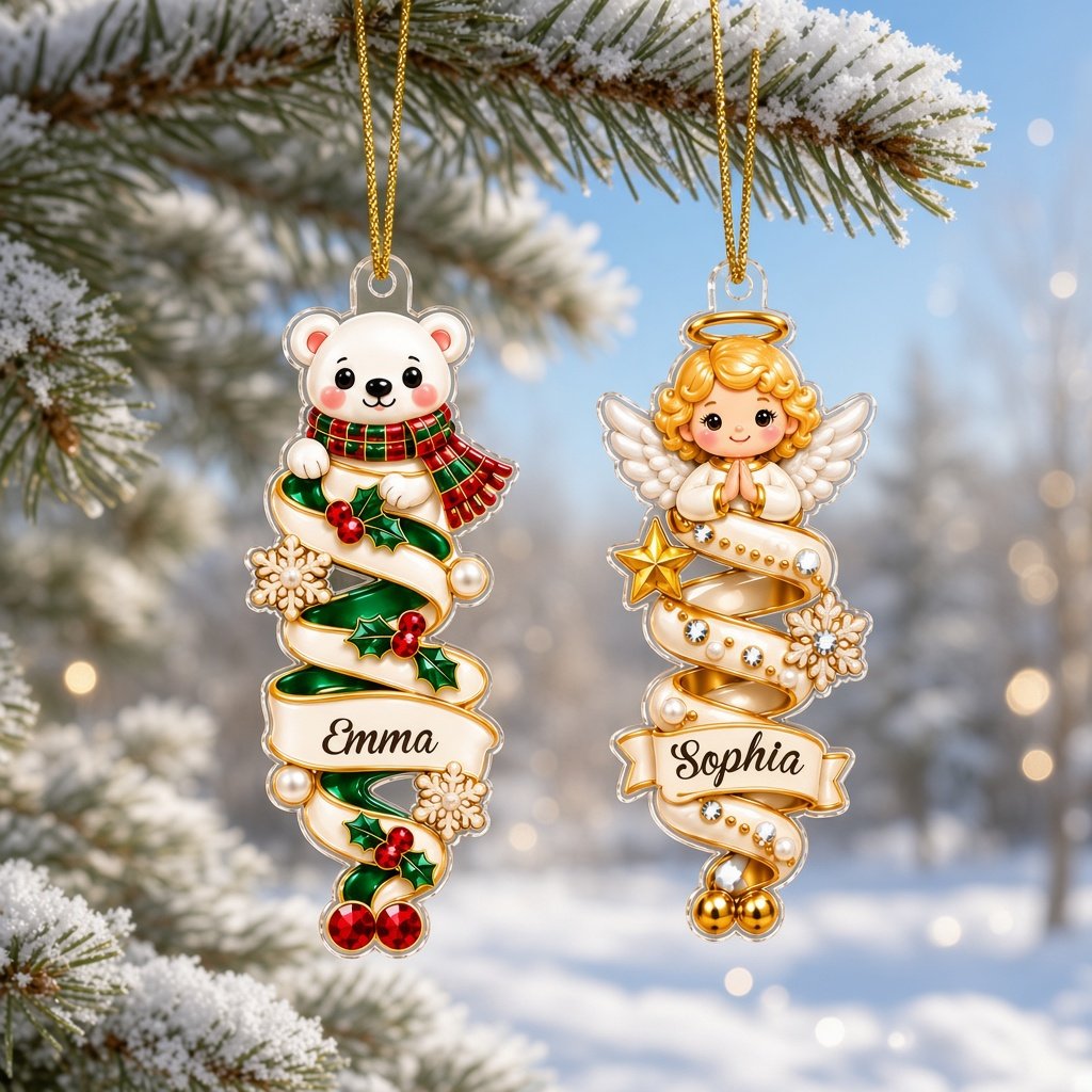 Custom-cut acrylic ornaments with a cartoon nutcracker and a praying angel wrapped in decorative ribbons.