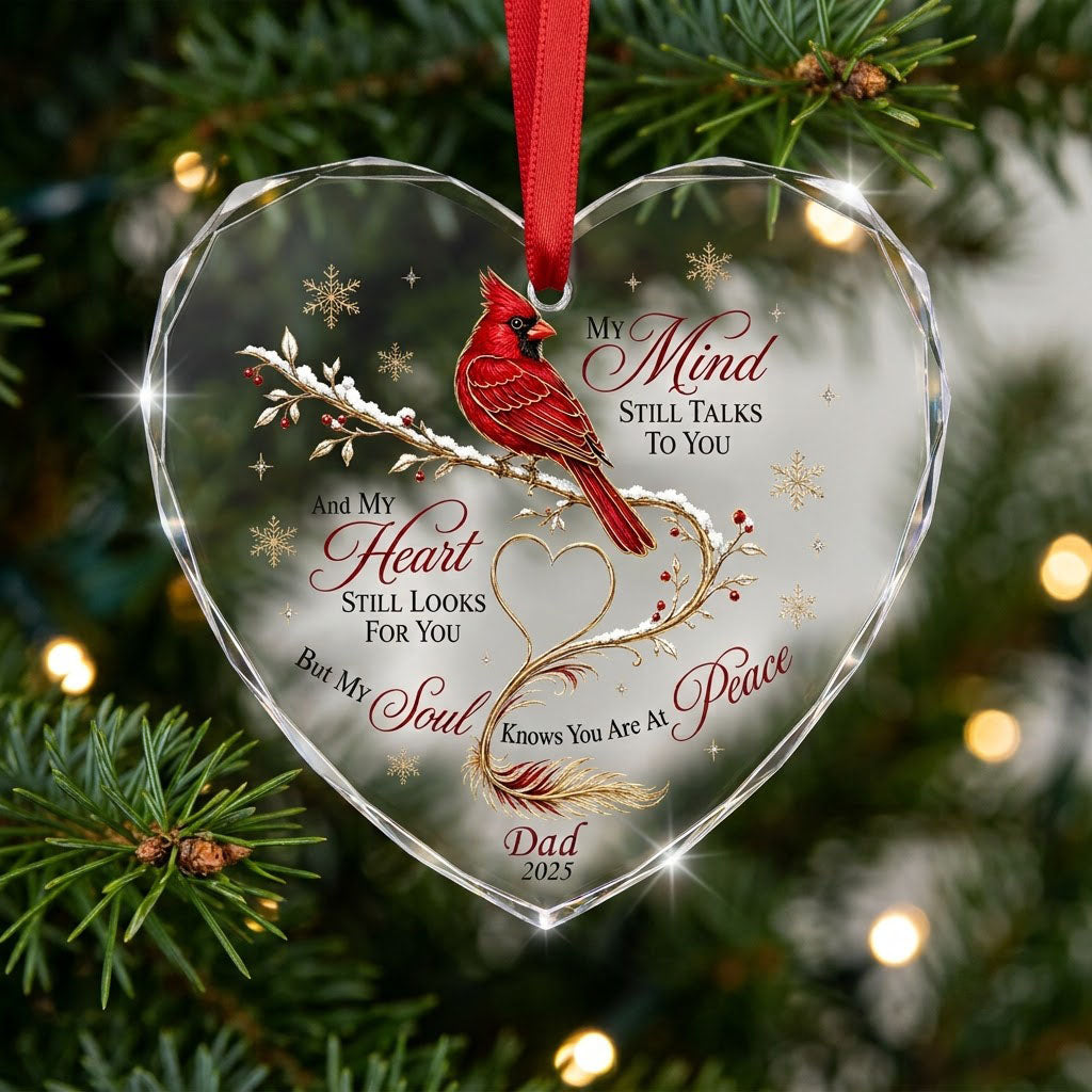 Personalized Cardinal Memorial My Mind Still Talks To You Heart Glass Ornament