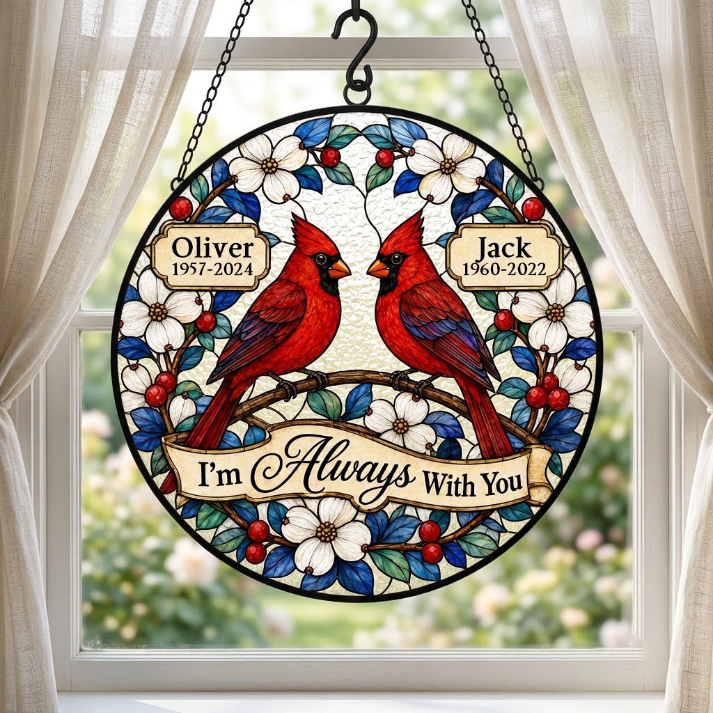Round suncatcher with two red cardinals on a branch, dogwood flowers, a scroll banner and two name plaques.