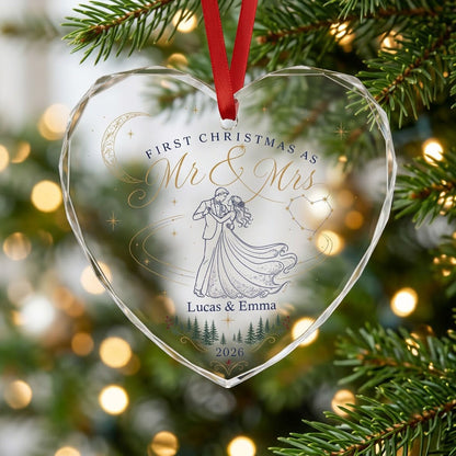 Personalized First Christmas as Mr & Mrs Dancing Couple Heart Glass Ornament