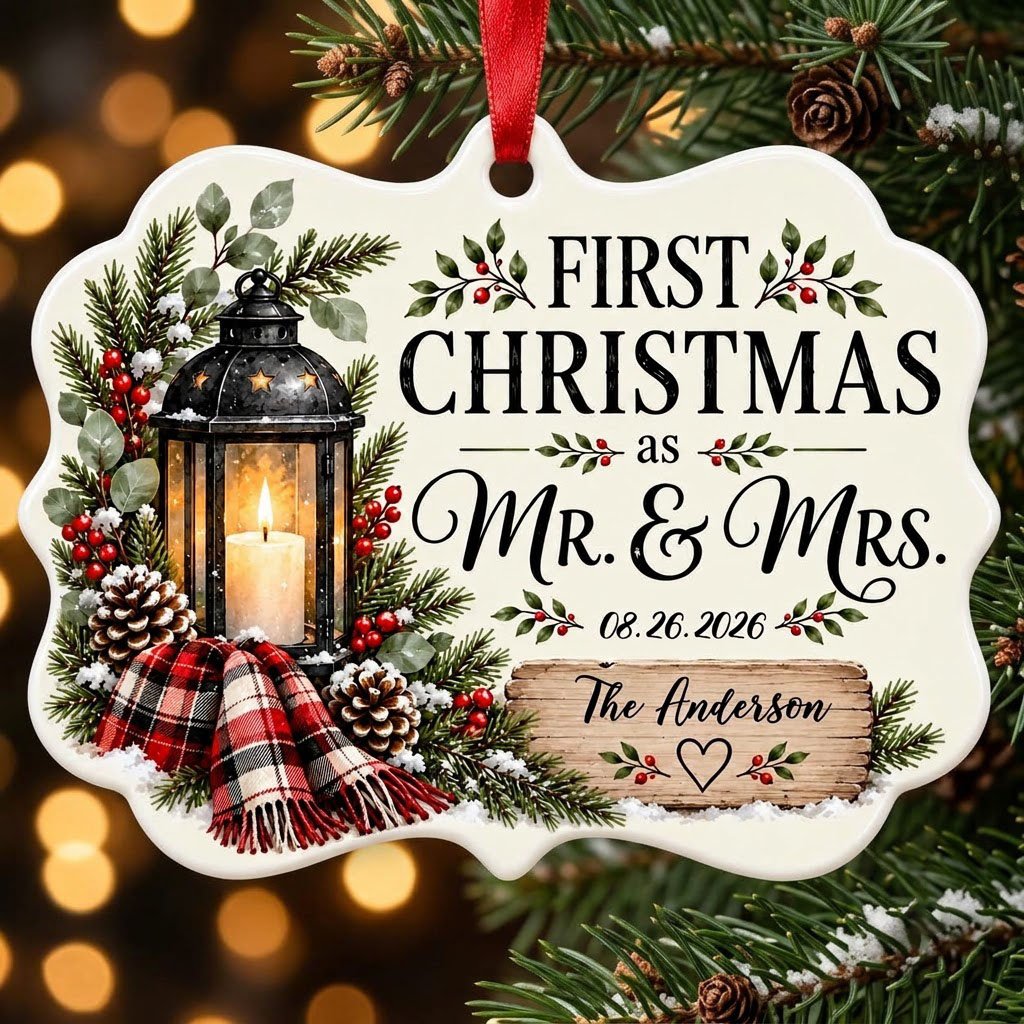 Medallion ceramic ornament with black lantern, pine, red berries, plaid scarf, and 'FIRST CHRISTMAS as MR. & MRS.' text.