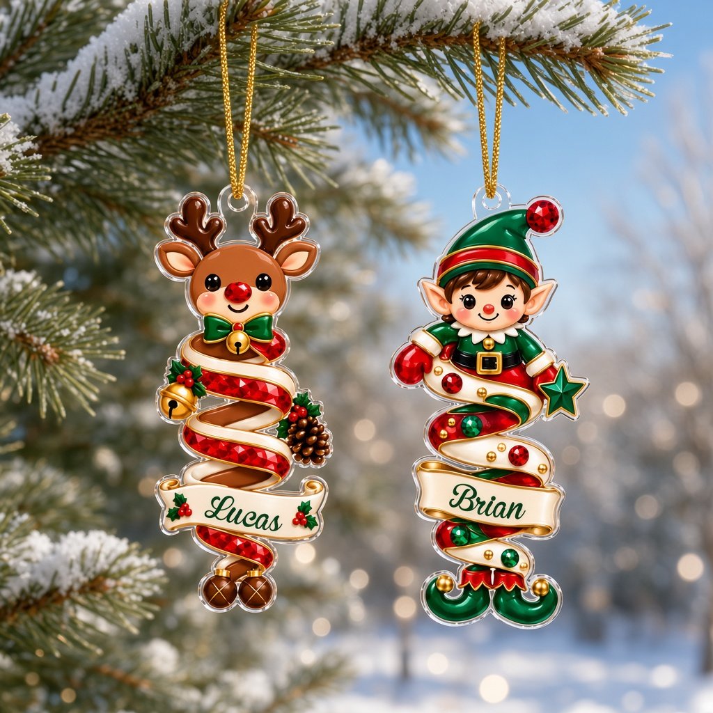 Clear acrylic ornaments shaped like a Christmas gnome and elf in red and green, each personalized with a name.