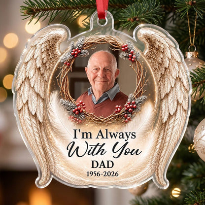Angel wings ornament with twig wreath, red berries, custom photo, and the quote "I'm Always With You".