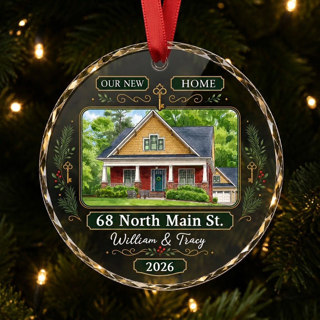 Round glass ornament with watercolor house, green and gold banners, gold key, pine branches, and address and year plaque