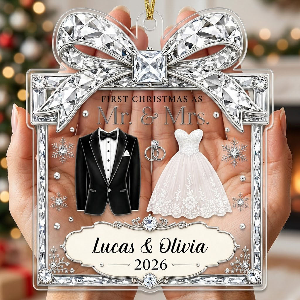 Clear acrylic gift-box ornament with jeweled bow, tuxedo jacket, wedding gown, silver rings and a silver banner.