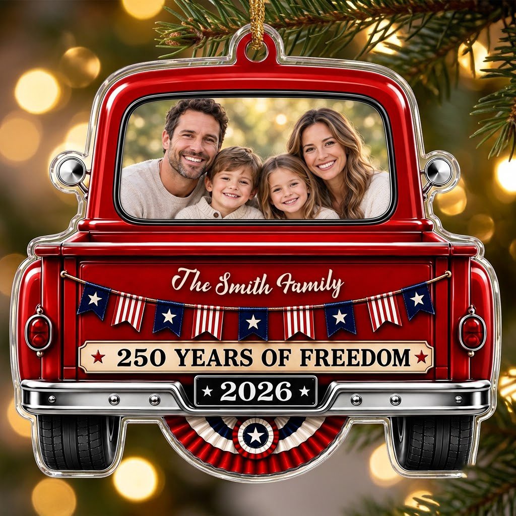 Red vintage pickup truck acrylic ornament with family photo window, 2026 and 250 YEARS OF FREEDOM text.