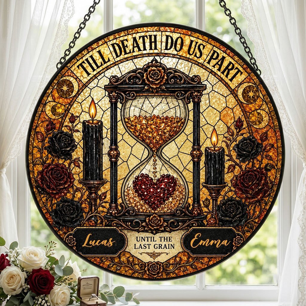 Personalized Gothic Hourglass Till Death Do Us Part Stained Glass Round Suncatcher