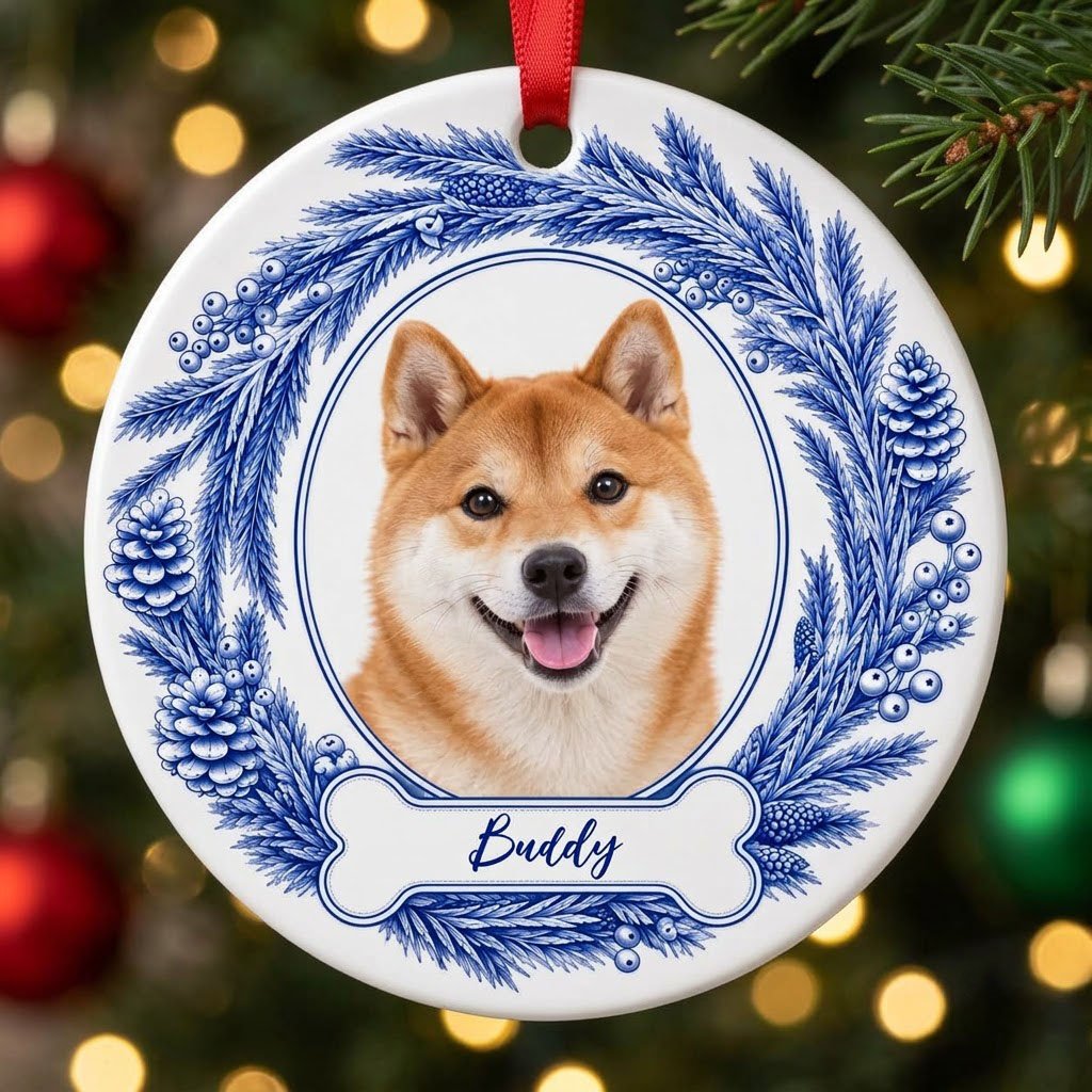 Round ceramic ornament with blue pine wreath, oval dog photo frame, and a blue-outlined bone at the bottom.