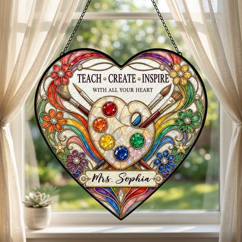 Heart-shaped stained glass suncatcher with palette, brushes, rainbow arcs, flowers and 'Teach • Create • Inspire'.
