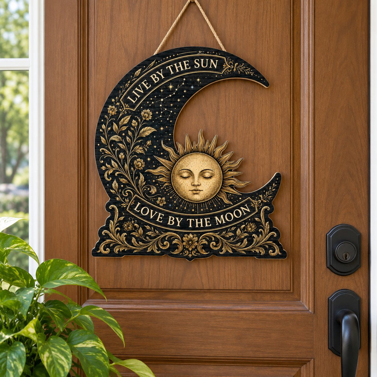 Crescent moon and sleeping sun wooden sign with gold constellations and words Live by the Sun, Love by the Moon.