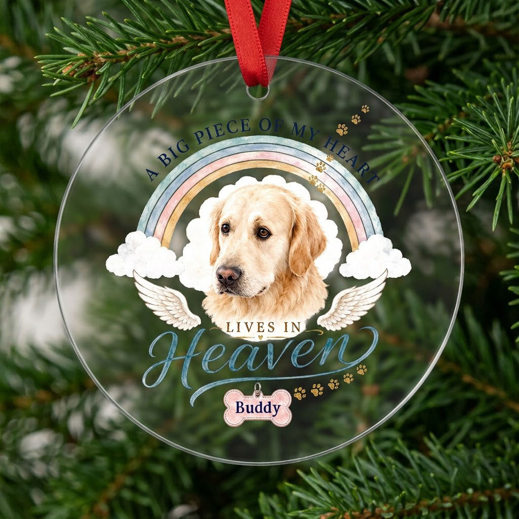Personalized Dog Memorial Photo Rainbow Bridge A Big Piece Of My Heart Round Glass Ornament