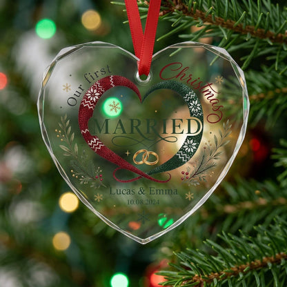 Personalized Our First Christmas Married Scarf Heart Glass Ornament