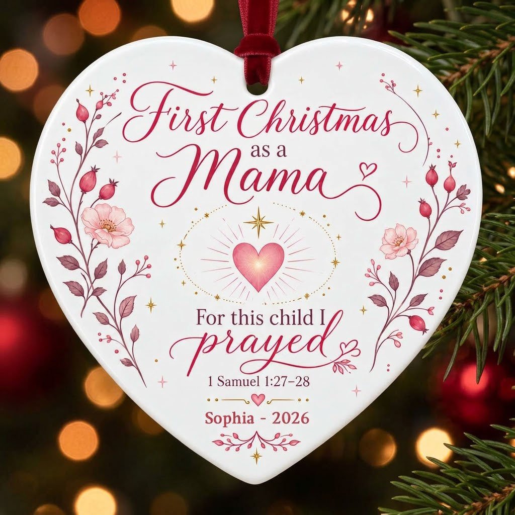 Heart ceramic ornament with pink florals, radiant pink heart, gold star, and First Christmas as a Mama text with name an