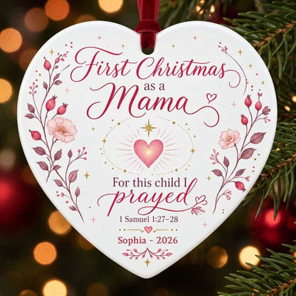 Heart ceramic ornament with pink florals, radiant pink heart, gold star, and First Christmas as a Mama text with name an