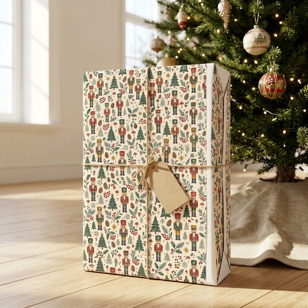 Vintage nutcracker wrapping paper with pine trees, pinecones, berries, gold stars and mushrooms on cream.