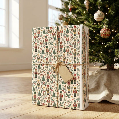 Vintage nutcracker wrapping paper with pine trees, pinecones, berries, gold stars and mushrooms on cream.