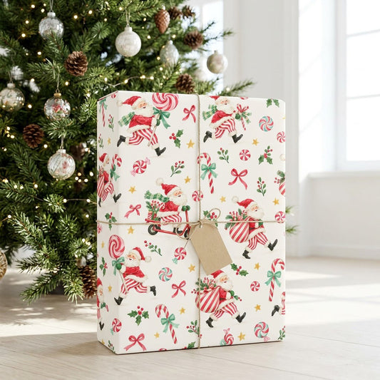 Vintage watercolor Santa in playful poses with candy canes, lollipops, holly and stars on personalized matte wrapping pa