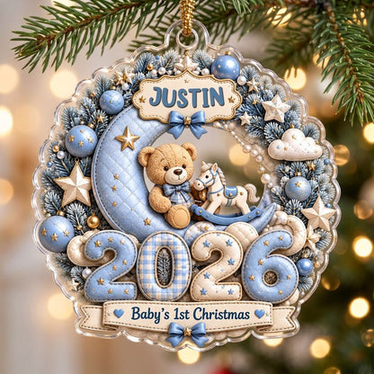 Blue wreath acrylic ornament with Baby's 1st Christmas, teddy bear, rocking horse, personalized name and 2026.