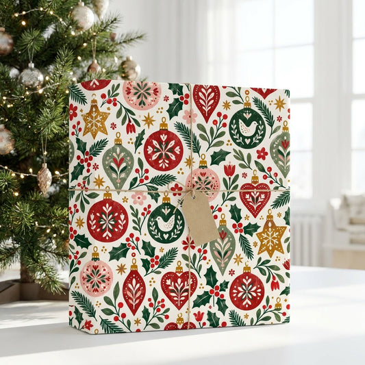 Matte wrapping paper with folk-style red, pink and green ornaments, pine branches, holly and starbursts on cream.