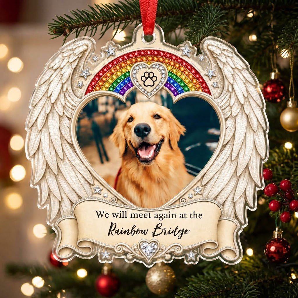 Acrylic ornament with angel wings, heart photo frame, rainbow arch, jeweled paw-print heart and bottom scroll.