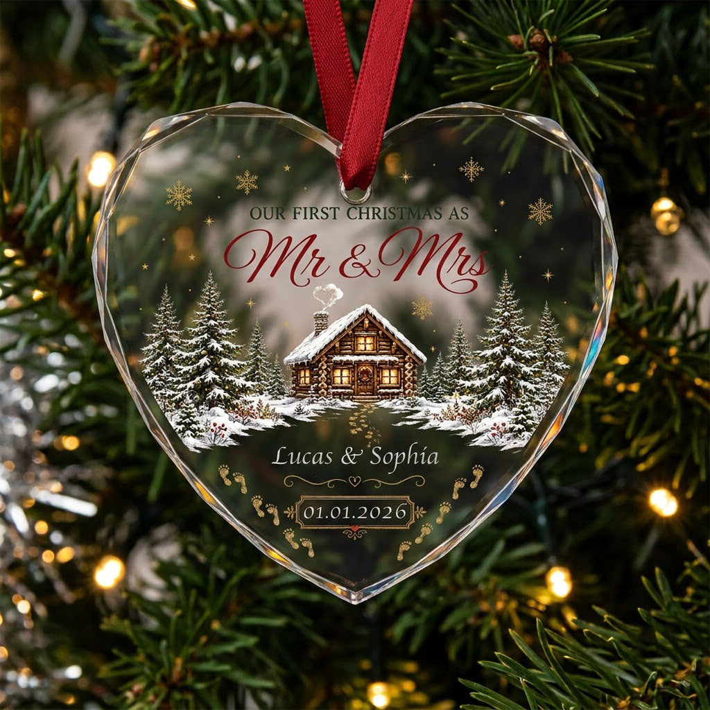 Personalized Our First Christmas as Mr & Mrs Winter Cabin Footprints Heart Glass Ornament
