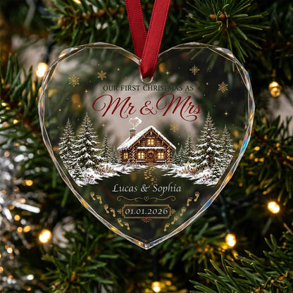 Personalized Our First Christmas as Mr & Mrs Winter Cabin Footprints Heart Glass Ornament
