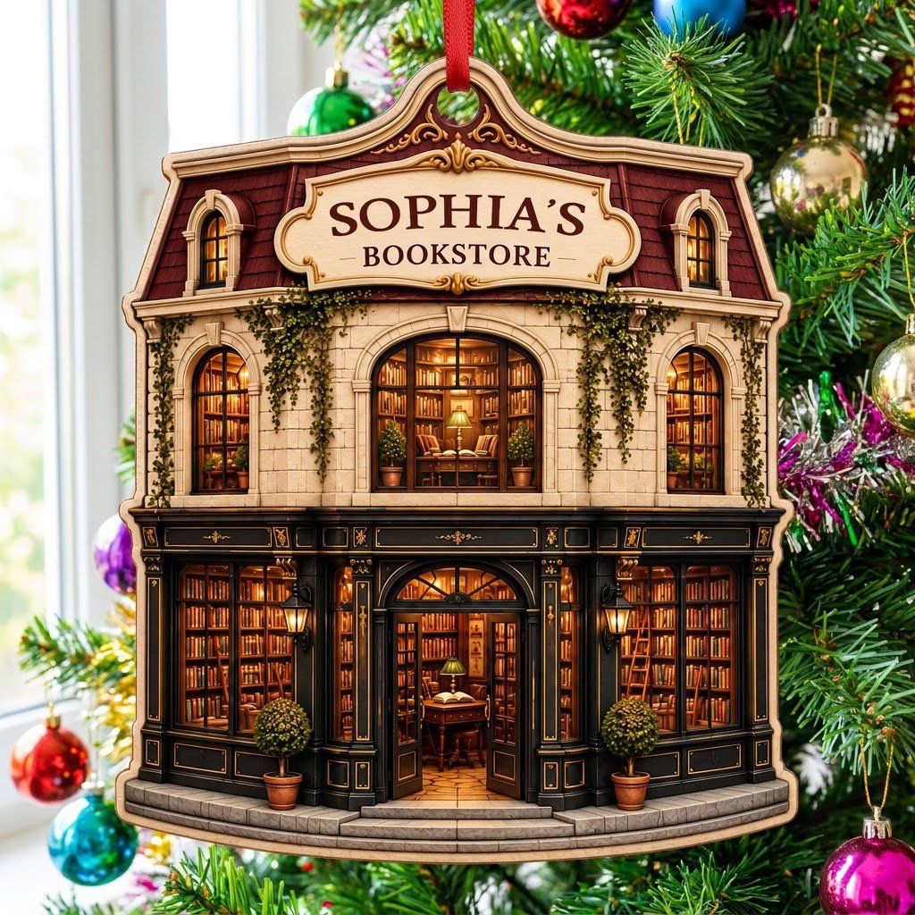Custom-cut ornament shaped like a vintage bookstore with green and gold storefront and 'BOOKSTORE' text personalized abo