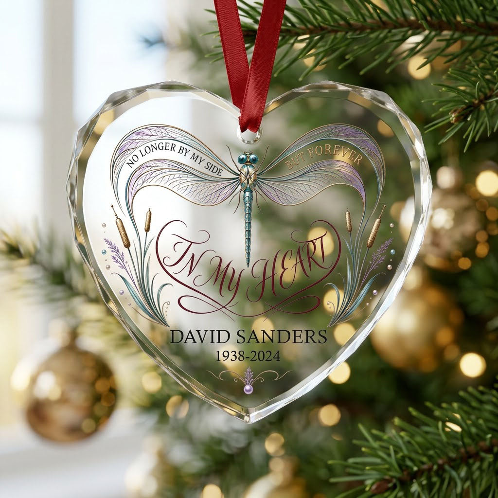 Personalized Dragonfly Memorial No Longer By My Side In My Heart Heart Glass Ornament