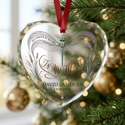 Personalized Dragonfly Memorial No Longer By My Side In My Heart Heart Glass Ornament