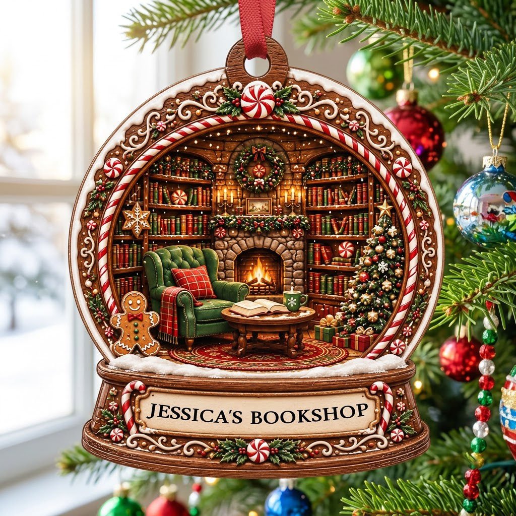 Snow globe ornament with candy-cane frame, cozy book-filled library, fireplace, tree, and 'JESSICA'S BOOKSHOP' nameplate