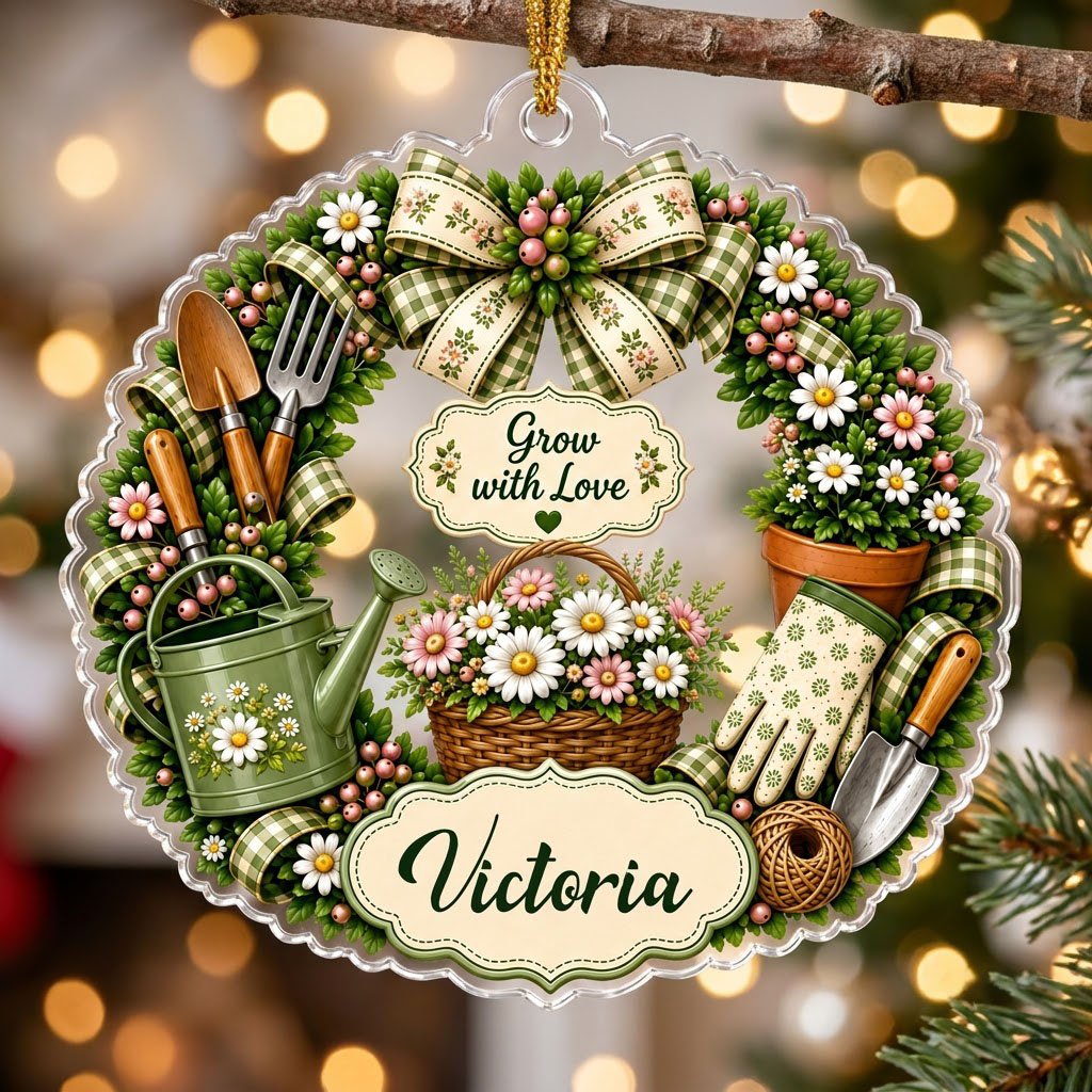 Scalloped acrylic ornament with a floral gardening wreath, tools, and "Grow with Love" plus a personalized name.