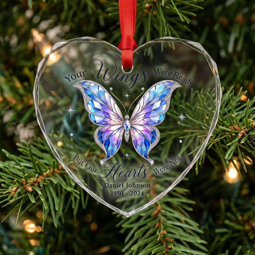 Personalized Butterfly Memorial Your Wings Were Ready Jeweled Heart Glass Ornament
