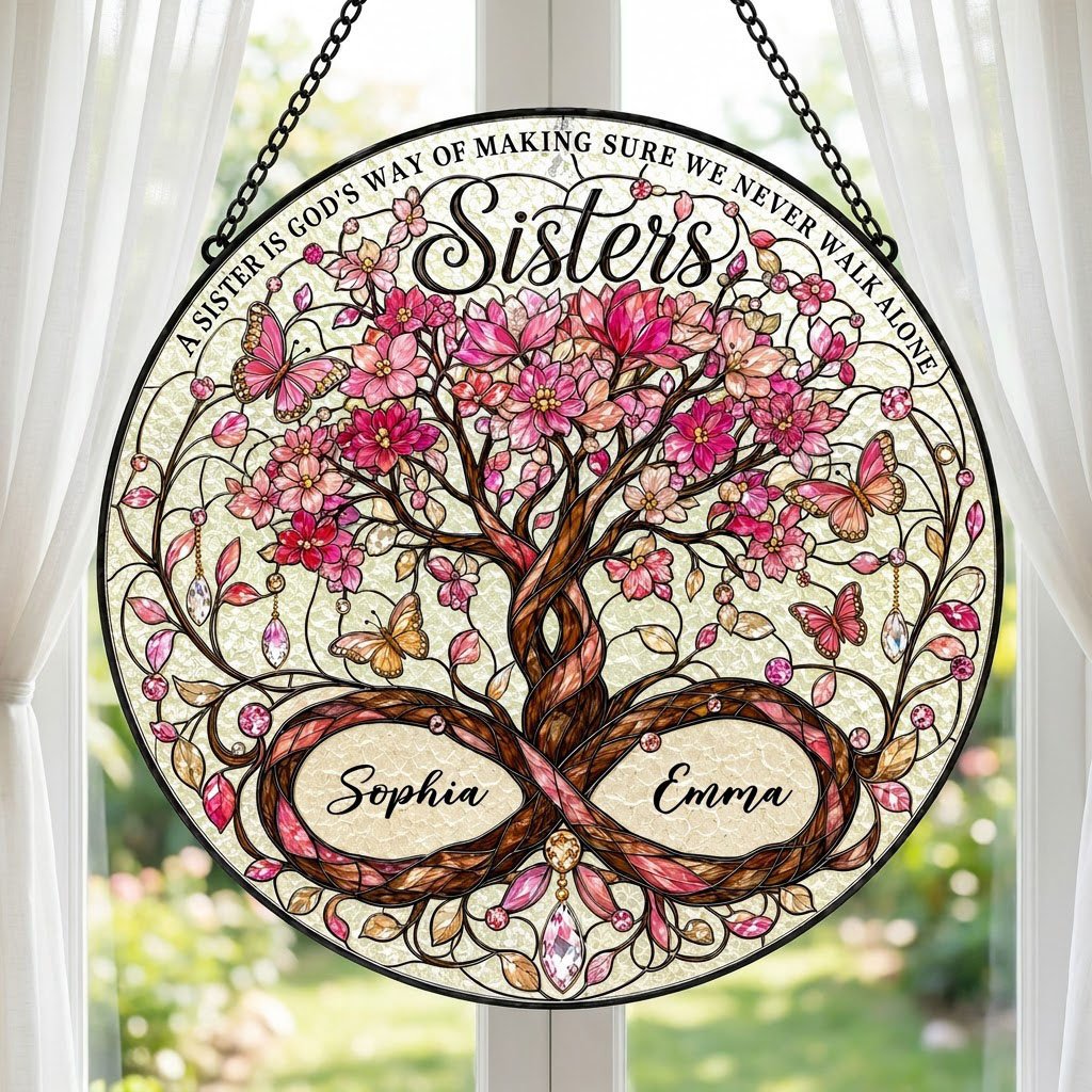 Round stained glass suncatcher with tree of life, pink blossoms, butterflies, and Sisters text with two names.