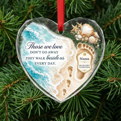Personalized Beach Footprints Memorial Those We Love Beside Us Heart Glass Ornament