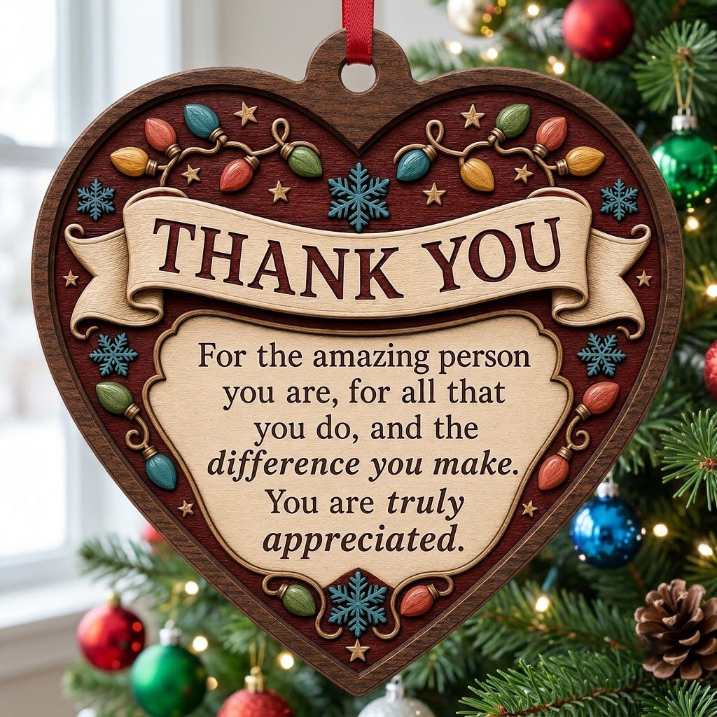 Heart-shaped wood ornament with THANK YOU message, string lights, snowflakes and stars on a burgundy background.
