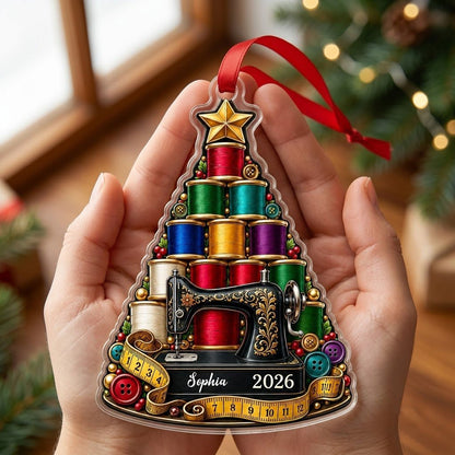 Personalized Vintage Sewing Tree Acrylic Ornament, Custom Quilter Seamstress Keepsake