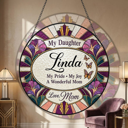 Round stained-glass style suncatcher with purple flowers, butterflies, and 'My Daughter' text.