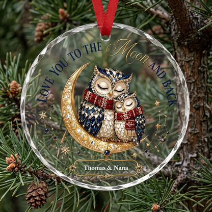 Two jeweled owls on a gold crescent moon with Love You to the Moon and Back text and names on a blue plaque.