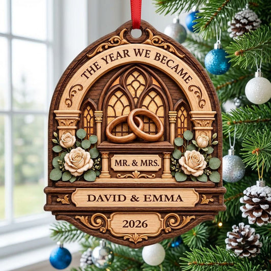 Arch-shaped wood ornament with window frame, wedding rings, roses, personalized with names and year.