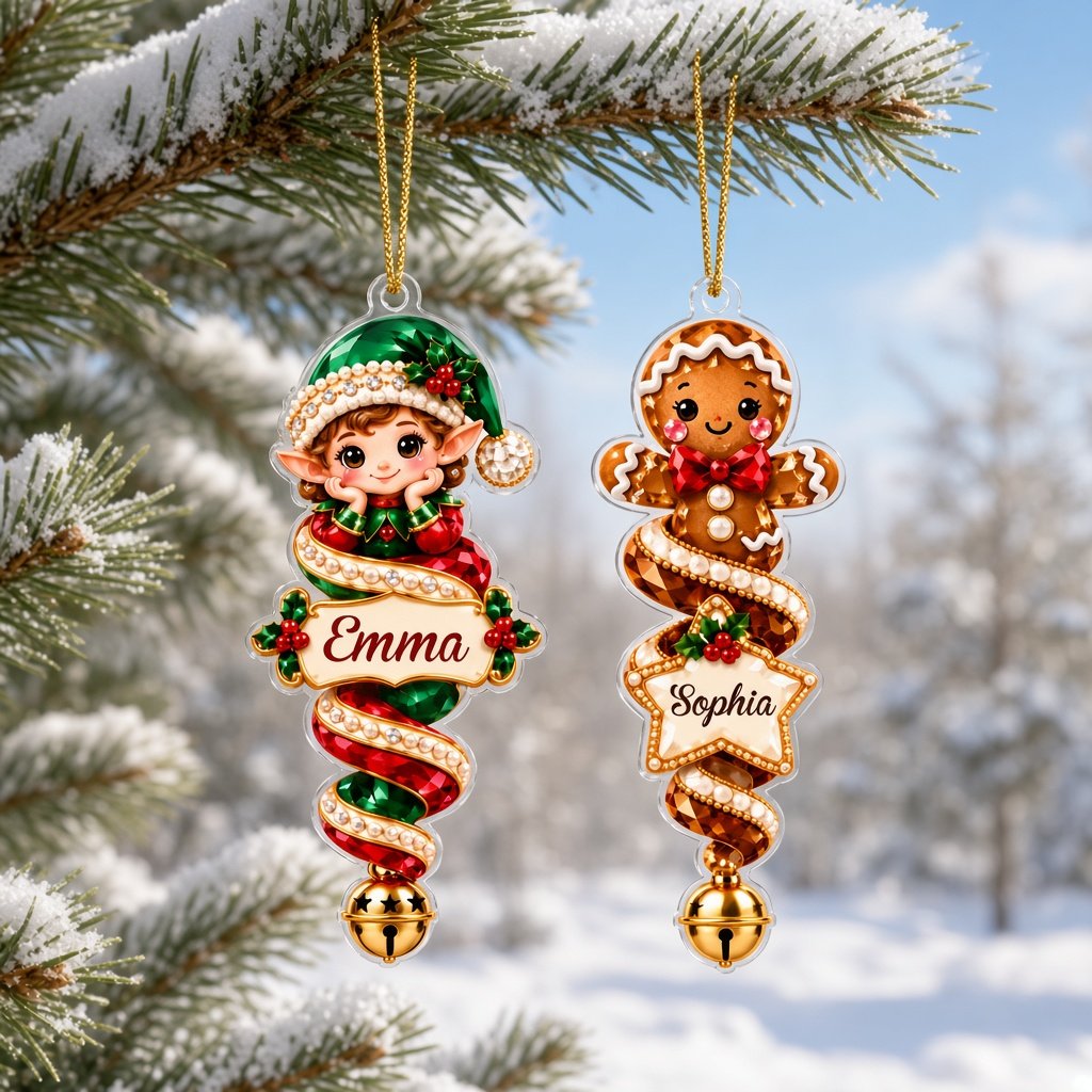Acrylic angel and gingerbread ornaments with jeweled ribbons, heart or star name banners, and gold bells.