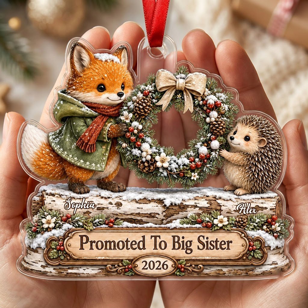 Acrylic ornament with a fox and hedgehog holding a wreath above a wood-style name banner with snowy accents.