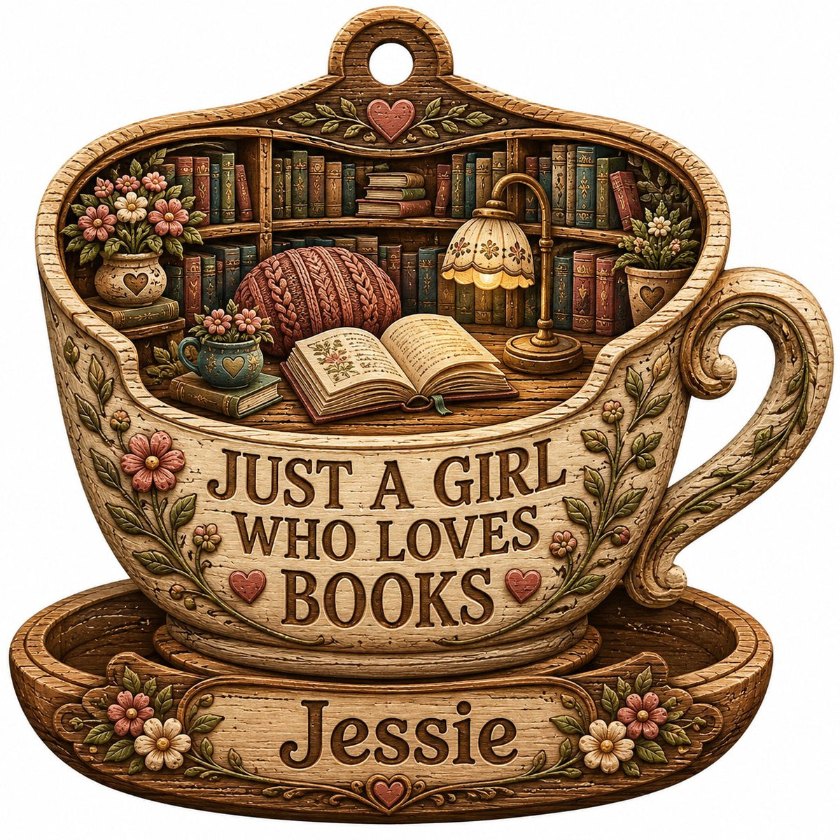 Teacup-shaped wood ornament with cozy library scene and 'JUST A GIRL WHO LOVES BOOKS' plus a personalized name.