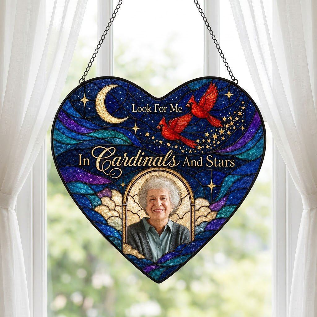 Heart-shaped stained glass suncatcher with night sky, moon, stars, two red cardinals, and a golden photo frame.