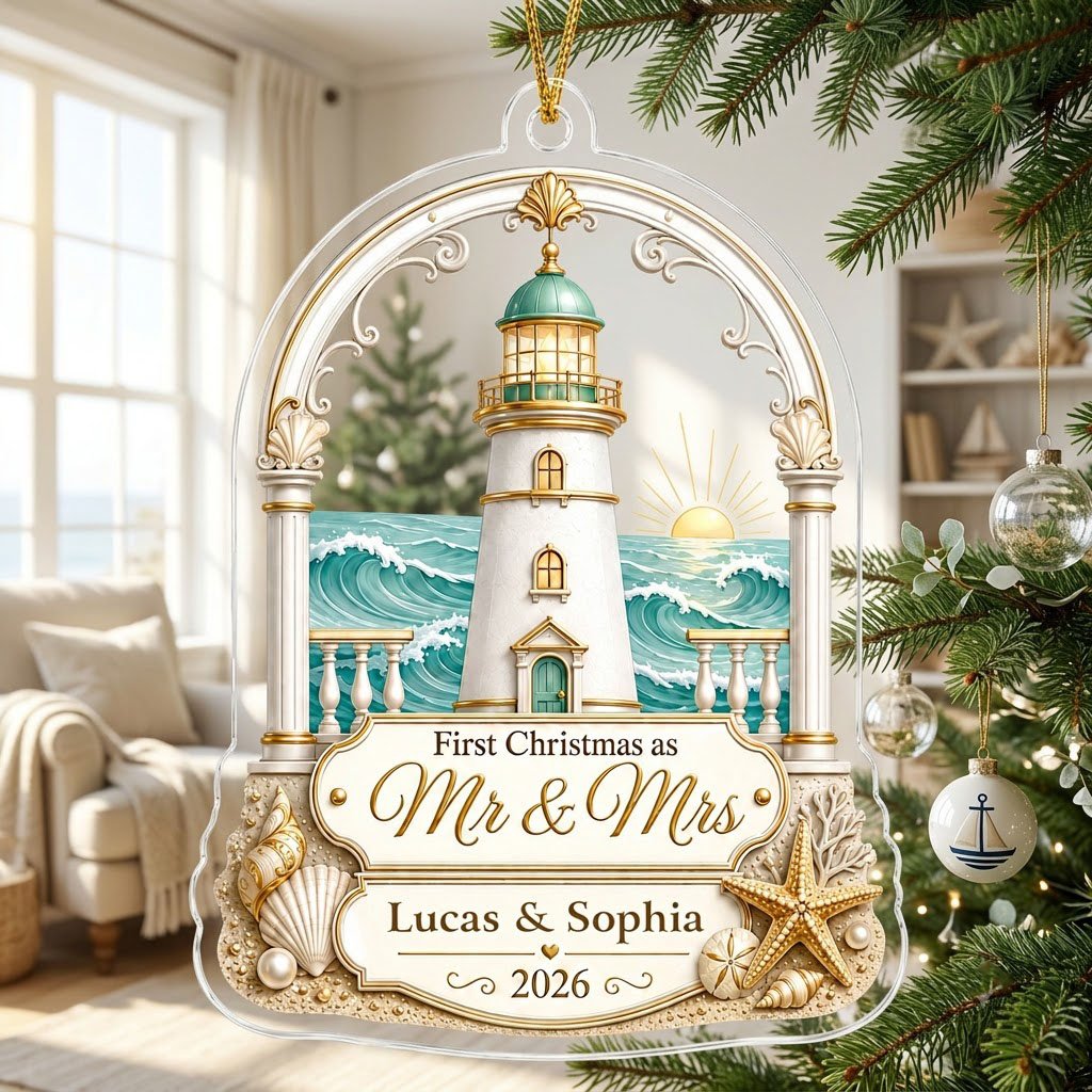 Personalized Coastal Lighthouse First Christmas as Mr & Mrs Acrylic Ornament, Custom Beach Wedding Keepsake