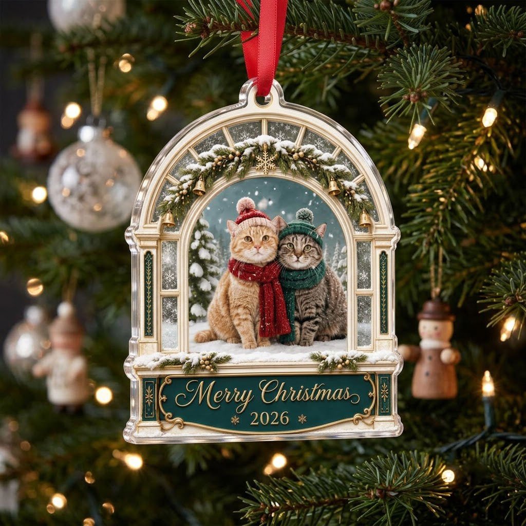 Arched window acrylic ornament with pine garland, gold bells, two cats in winter hats and scarves, and a green banner fo
