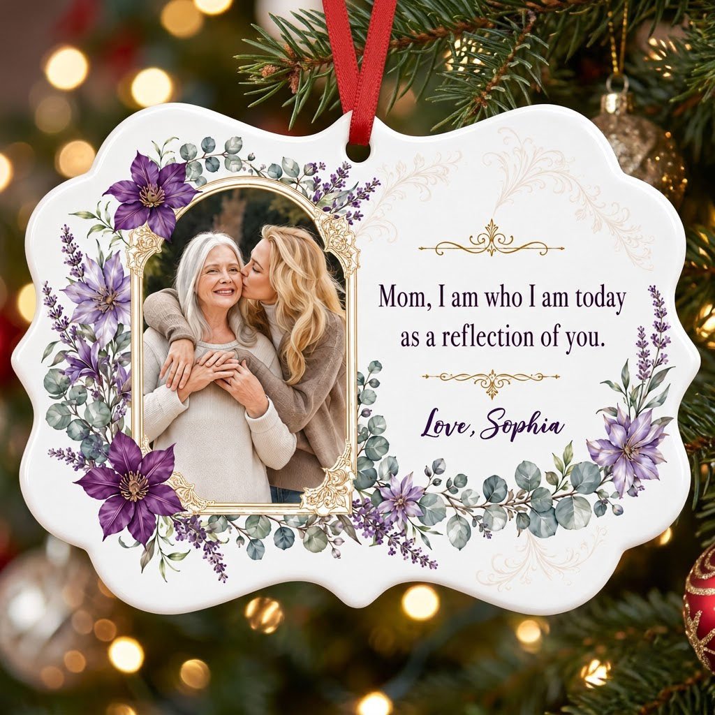 Gold frame photo with purple clematis and the quote 'Mom, I am who I am today as a reflection of you.'