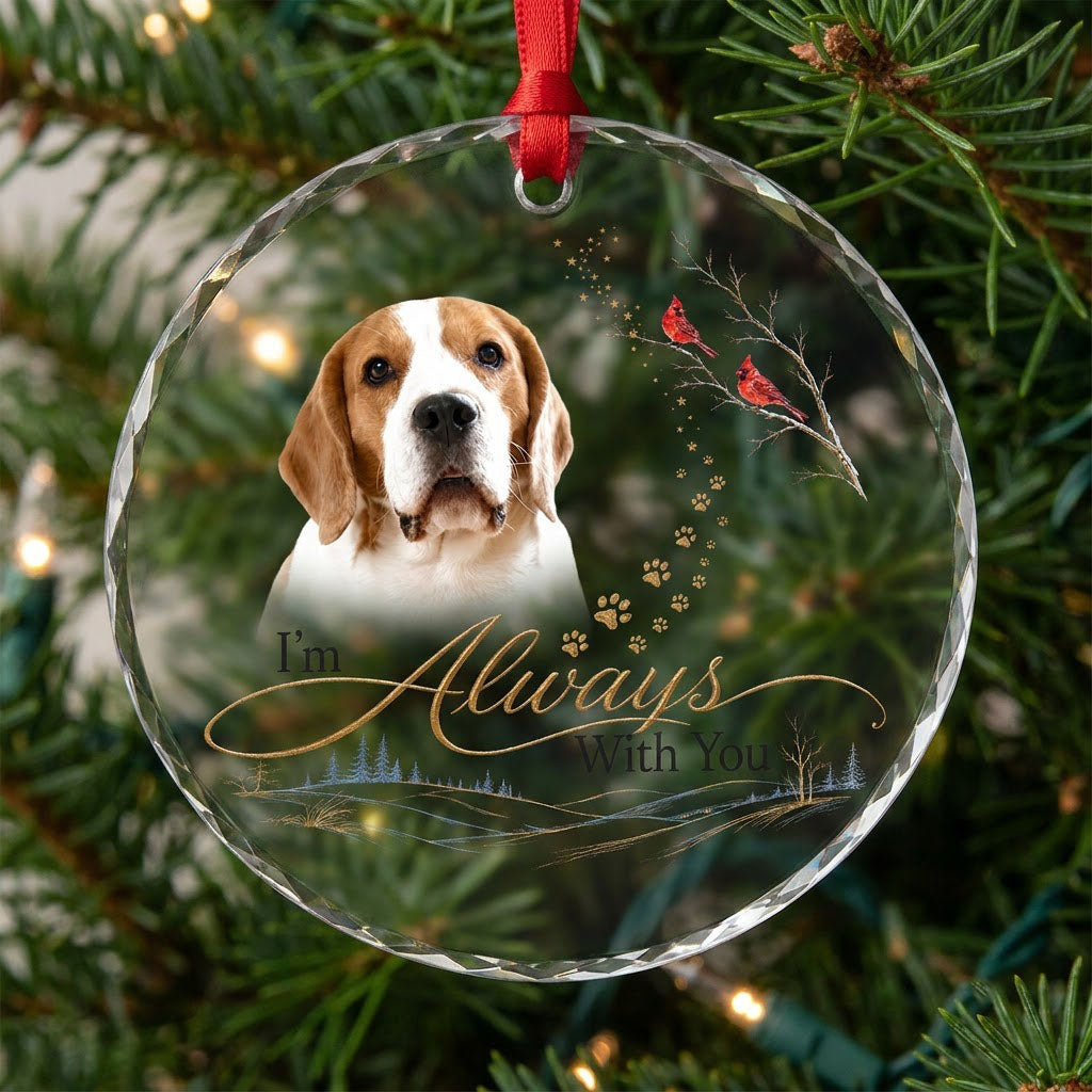Personalized Dog Memorial Photo I'm Always With You Winter Cardinal Round Glass Ornament